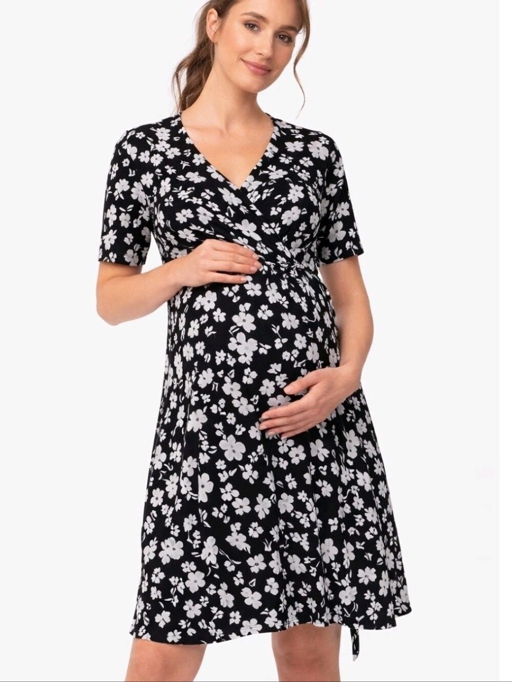 NWT Seraphine Maternity Nursing Wrap Dress Black White Floral Size US 6